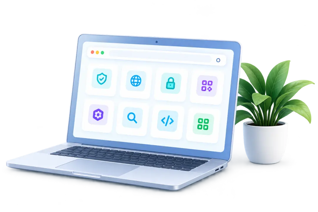 Laptop yang menampilkan koleksi utilitas digital dengan tanaman di sampingnya
